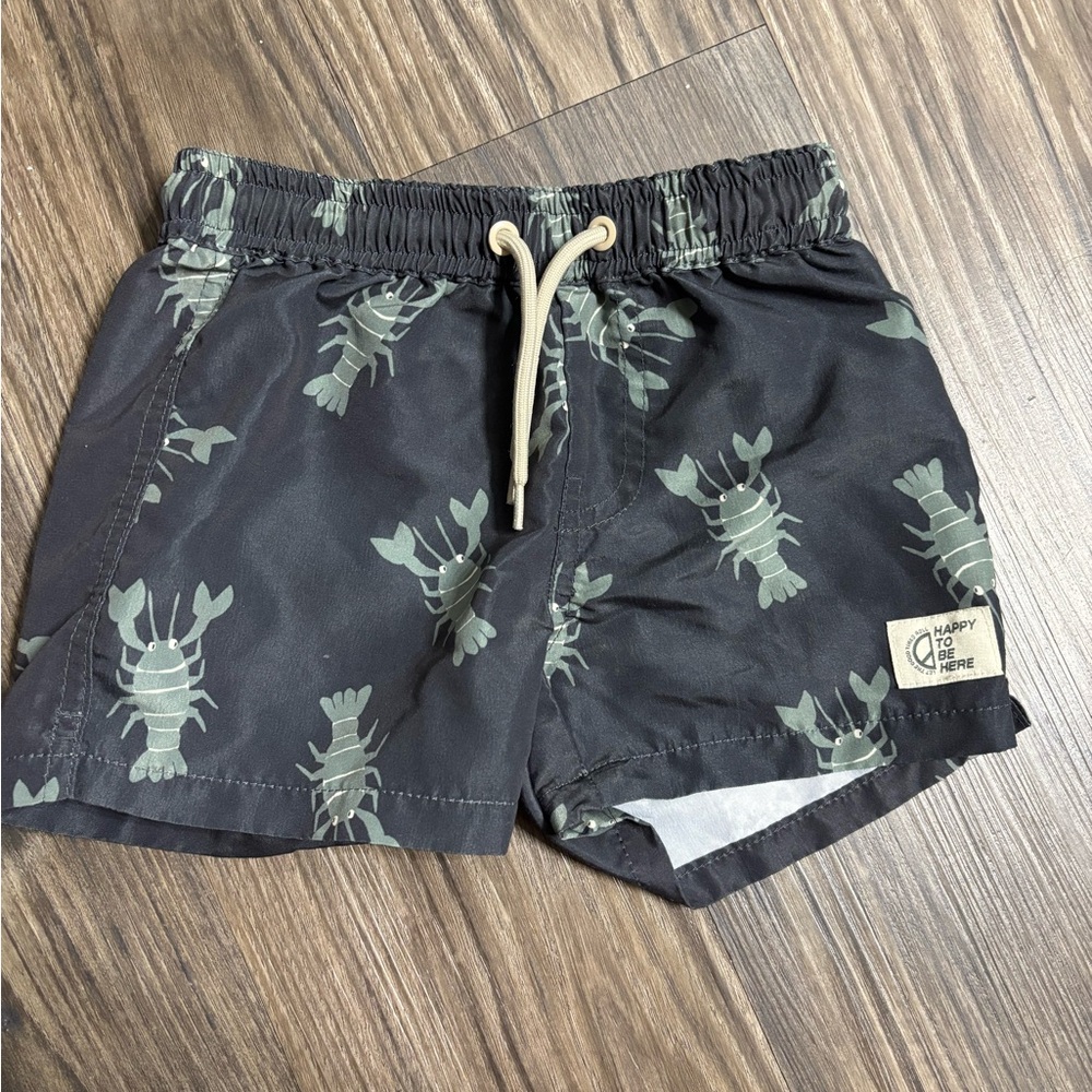 Cotton On KIDS Black Swim Trunks with Olive Lobster Print